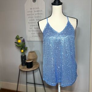 Blue Sequin Adjustable Strap V-Neck Sleeveless Polyester Camisole Tank Top M